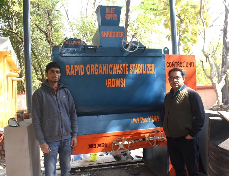 Professor SK Gupta (right) and Phd Scholar, Nitin Kumar in front of the Rapid Organic waste Stabiliser 