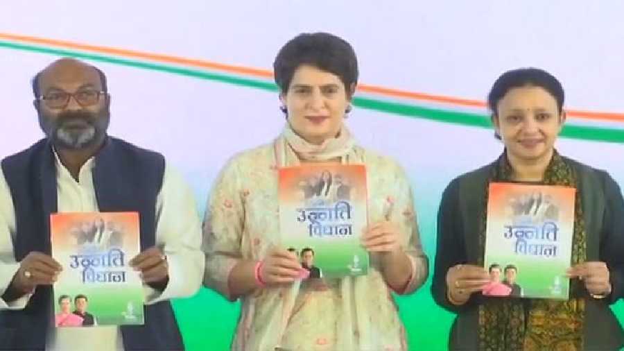 Congress leader Priyanka Gandhi Vadra launches the Congress manifesto 'Unnati Vidhan Jan Ghoshna Patra-2022' for Uttar Pradesh Elections