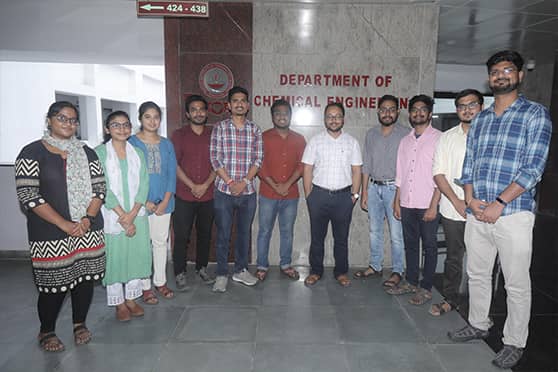 Himangshu Goyal (centre, in white checked shirt) with students and researchers from the department of Chemical Engineering, IIT Madras.