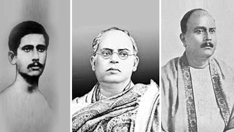 Rajanikanta Sen (left), along with the other two contemporary poet composers, Dwijendralal Roy (centre) and Atulprasad Sen