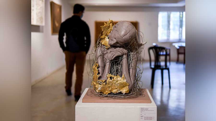 'Surrender to Nature' (fibreglass, brass, stainless steel wire and deer horn) by Saurav Roy Chowdury, displayed at CIMA Gallery