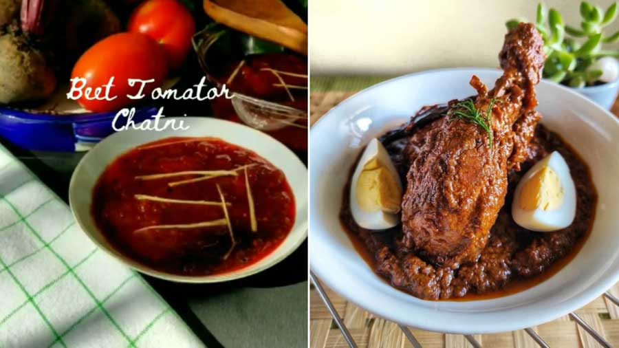 A Bengali-style beet and tomato chutney (left) and a Murgi Modira, which is a chicken curry made with dark rum and red onions