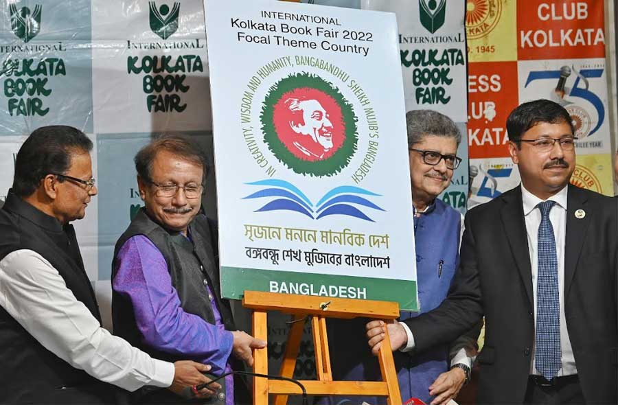 Publishers & Booksellers Guild members and the Bangladesh deputy high commissioner release the logo for the 45th International Kolkata Book Fair 2022 at the Kolkata Press Club on Thursday. Bangladesh is the theme country for the fair. It will be held at the Salt Lake Central Park from February 28 to March 13, honouring the birth centenary of Bangabandhu Sheikh Mujibur Rahman and the 50th year of independence of Bangladesh. More than 600 stalls will be set up and space will be made for close to 200 little magazine publishers. 