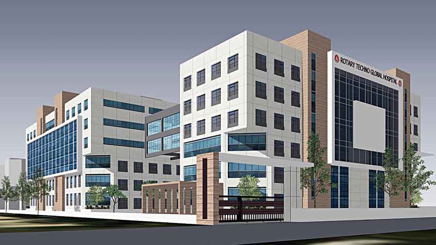 A graphic impression of the proposed new building for Rotary Techno Global Hospital in Sector V