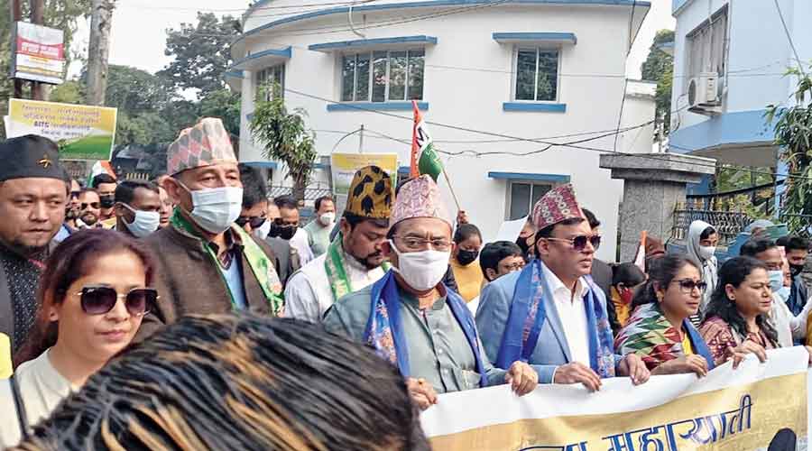 Minister Aroop Biswas with members of the Gorkha community at the rally in Siliguri on Thursday.