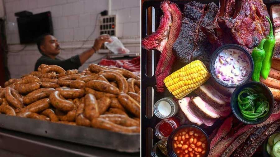 Sausages at the popular U.P. Cold Stores in New Market (L); Meathead offers Texas-style briskets and smoked meats (R)