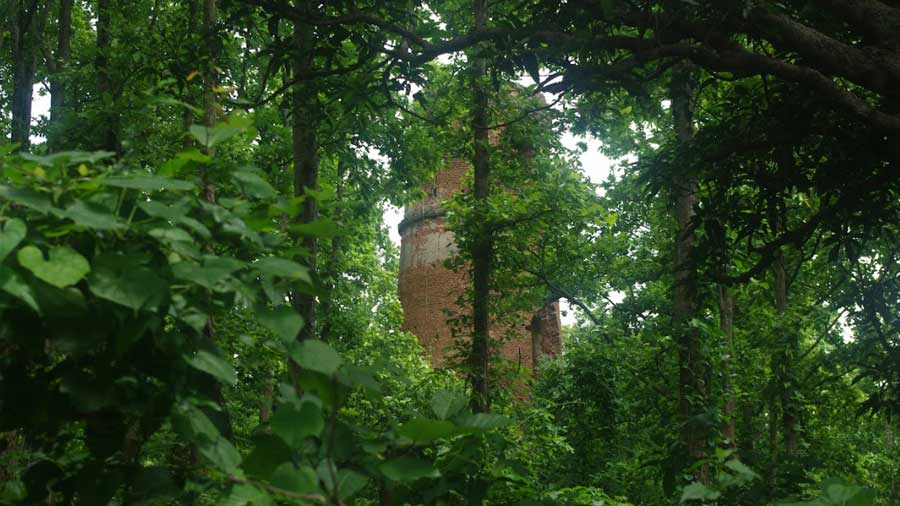 A British-era, brick-built telegraph tower inside the jungle – often mistaken to be a tower built by the Malla Kings