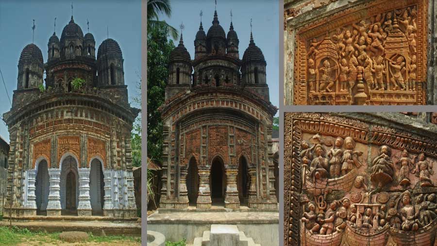 (Left and centre) The temples at Joypur village’s Dutta Para and De Para; (right) terracotta panels of the temples