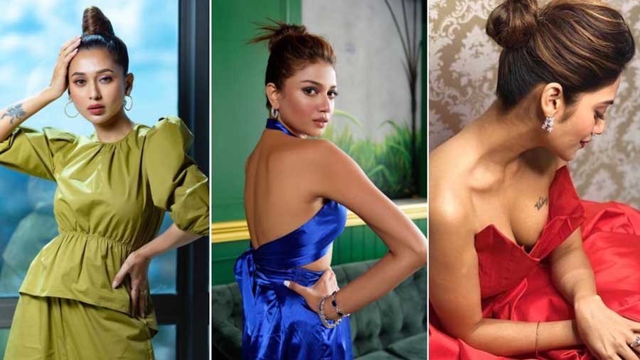 Mimi goes for a flawless high bun, Sauraseni wears a spunky, mid-length updo and Nusrat wears a chignon
