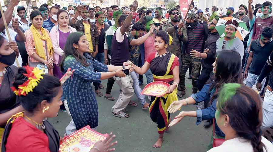 Trinamul supporters celebrate the party’s victory at Bidhannagar on Monday. 