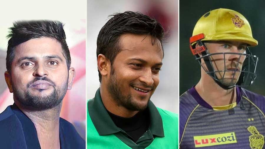 Suresh Raina (left), will captain the Unsold XI, and will have KKR alumni Shakib al Hasan (centre) and Chris Lynn among his troops