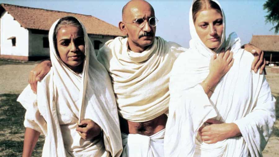 Geraldine James, right, as Mira Behn (one of the ‘rebels’ in Guha’s book), with Rohini Hattangadi and Ben Kingsley in a scene from ‘Gandhi’ (1982) 