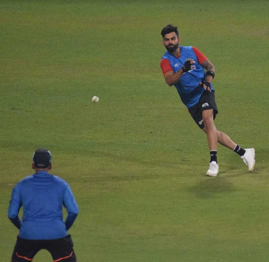 Former Indian team captain Virat Kohli during a fielding drill at Eden Gardens on Monday ahead of India's first match of the T20I series against West Indies on Wednesday
