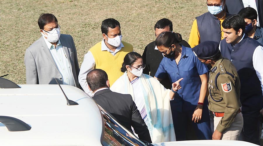 Chief minister Mamata Banerjee at the helipad on ABN Seal College ground, Cooch Behar, on Tuesday. 