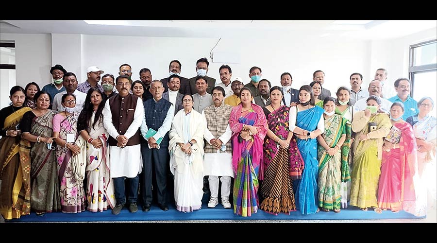 Chief minister Mamata Banerjee with newly elected Trinamul Congress councillors of the Siliguri Municipal Corporation on Tuesday. 