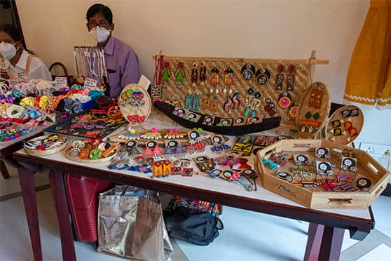 Handmade jewellery on display at the Butterfly Tree stall. Trishita Nandi, who is pursuing a diploma in Dance Movement Therapy from the Tata Institute of Social Science, creates folk and rural art on sustainable apparel, jewellery and hair accessories.  Find her on Instagram: @butterflytree.lifestyle