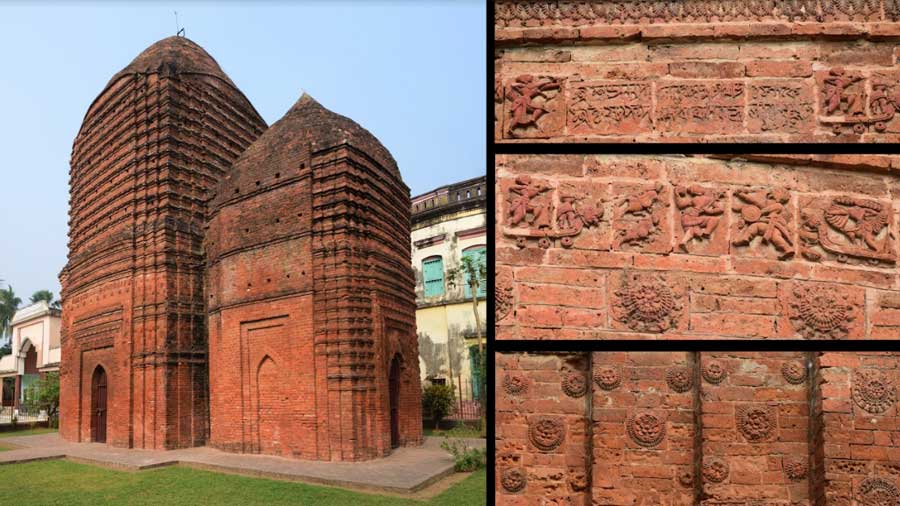 The panels at Baidyapur Deul showcasing (from top down) the Foundation Stone, the battle between Ram and Ravana and Floral motifs