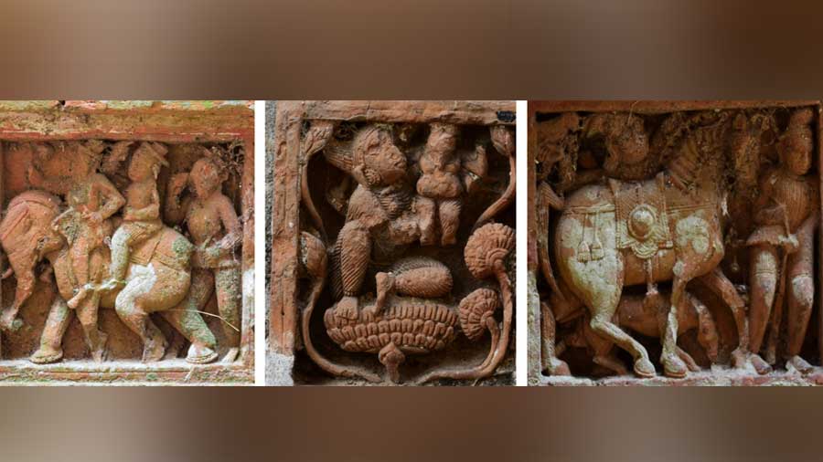 Terracotta panels from different temples of Baidyapur.  (L to R) A European on an elephant; Kamale Kamini as described in the Chandi Mangal-Kāvya;  Armoured horse
