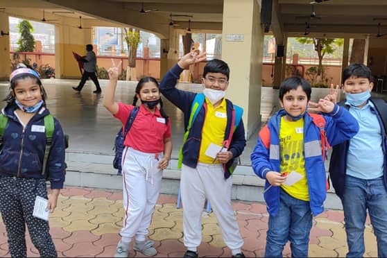 Happy faces at Lakshmipat Singhania Academy. The school has called back students of Classes I to III for offline classes in keeping with the West Bengal government order allowing primary schools to reopen from February 16.