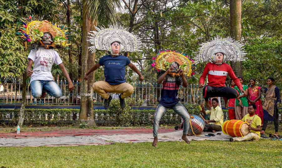 Artists during a practice session of Folk Safar, a three-day event to promote folk art from Bengal, in Kolkata on Thursday 