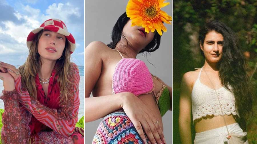 (L to R) Hailey Beiber in an Emily Levine hat, a crochet bikini by Priyanka Mukherjee’s Lemoncello, Fatima Sana Shaikh in a crochet crop top