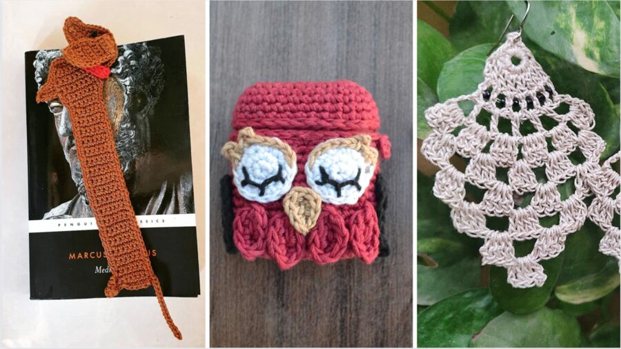 (L to R) A Dachshund bookmark, an owl AirPods cover and crochet earrings