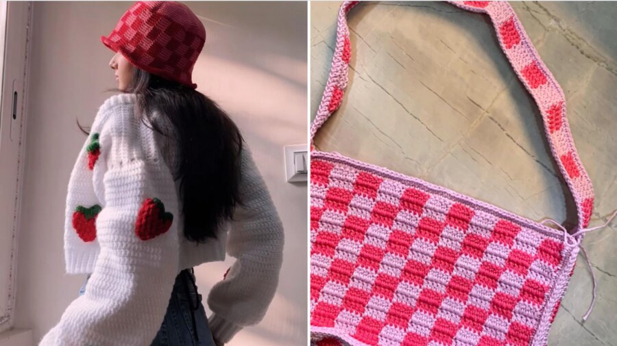 (L to R) Strawberry Kiss Cardigan and Dahlia Bucket Hat; Custom order baguette bag by Crochet Curio