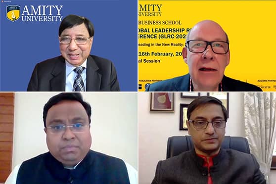 (clockwise from top left) Ashok K Chauhan, Karl Moore, Sasmit Patra and Sanjeev Sanyal at the virtual conference by Amity University