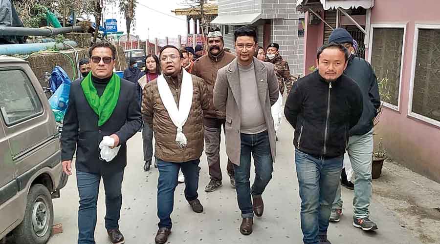 BJP MLA and GNLF leader Neeraj Zimba campaigns for a candidate  ahead of the civic polls in ward 13 of Darjeeling on Thursday.