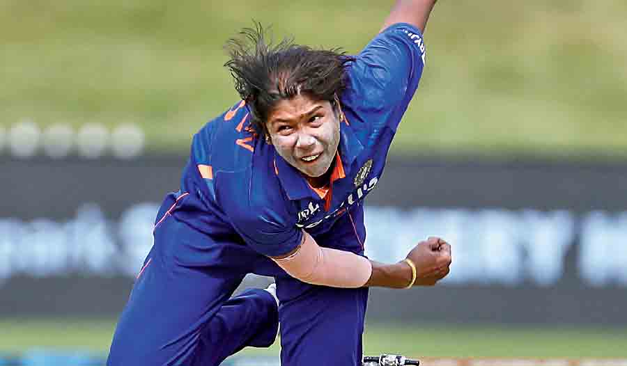 India’s Jhulan Goswami in action on Friday.