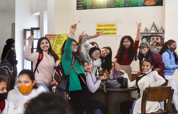 Cheers! Students of Miranda House College happy to return to class as Delhi University colleges reopened on February 17.