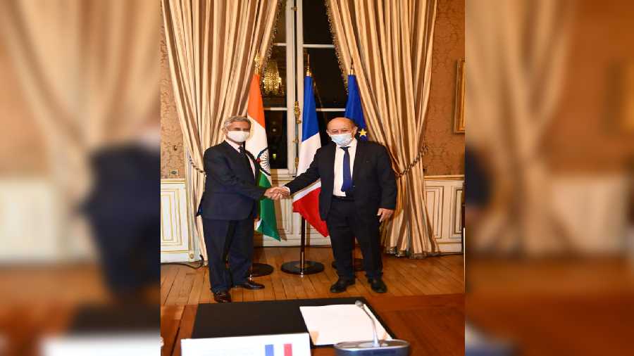 External Affairs Minister S Jaishankar with French Foreign Minister Jean-Yves Le Drian.
