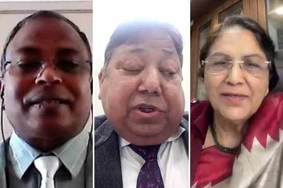 MoS Education from Maldives Abdulla Rasheed (left), Justice PK Srivastava (middle), and Justice Gyan Sudha Misra (right) during the virtual conference.