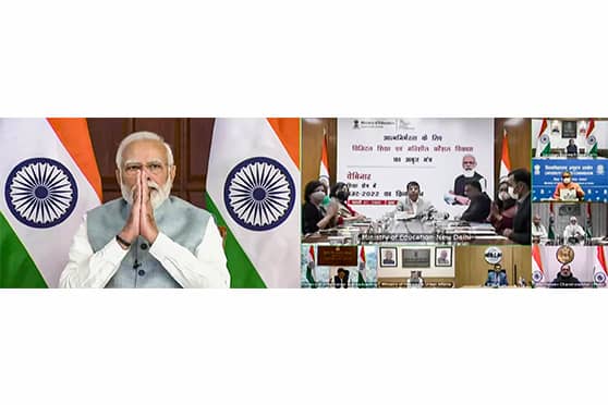 Prime Minister Narendra Modi addresses a webinar highlighting the positive impact of the Union Budget on the education sector through video-conferencing on February 21.