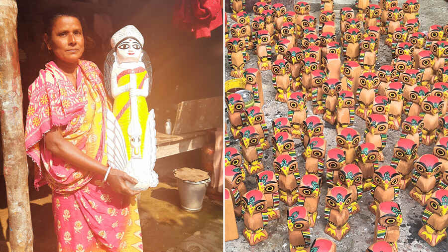 The wooden owl figurine (right) is the most famous creation of the woodworkers’ village of Natungram, where artists like Chandana Sutradhar (left) make wooden dolls