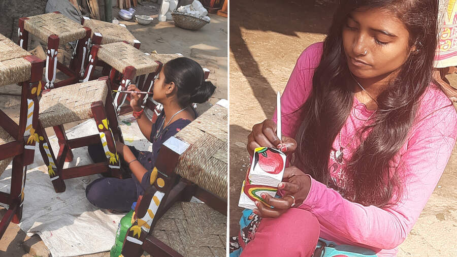 Artists’ children, like Class VIII student Haripriya Sutradhar (right) join in to paint the wooden owl. The motif also finds its way into a number of different things including furniture