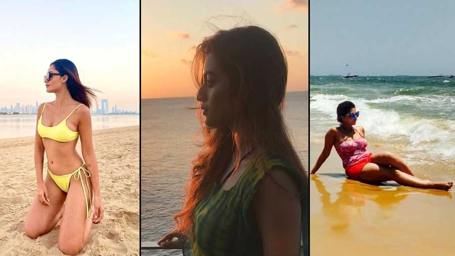 (L to R) Tridha’s bikini shoot, Nusrat enjoying the sunset, and Swastika chilling by the sea
