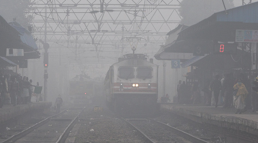 Serampore station blanketed by fog around 8.30am on Monday. 