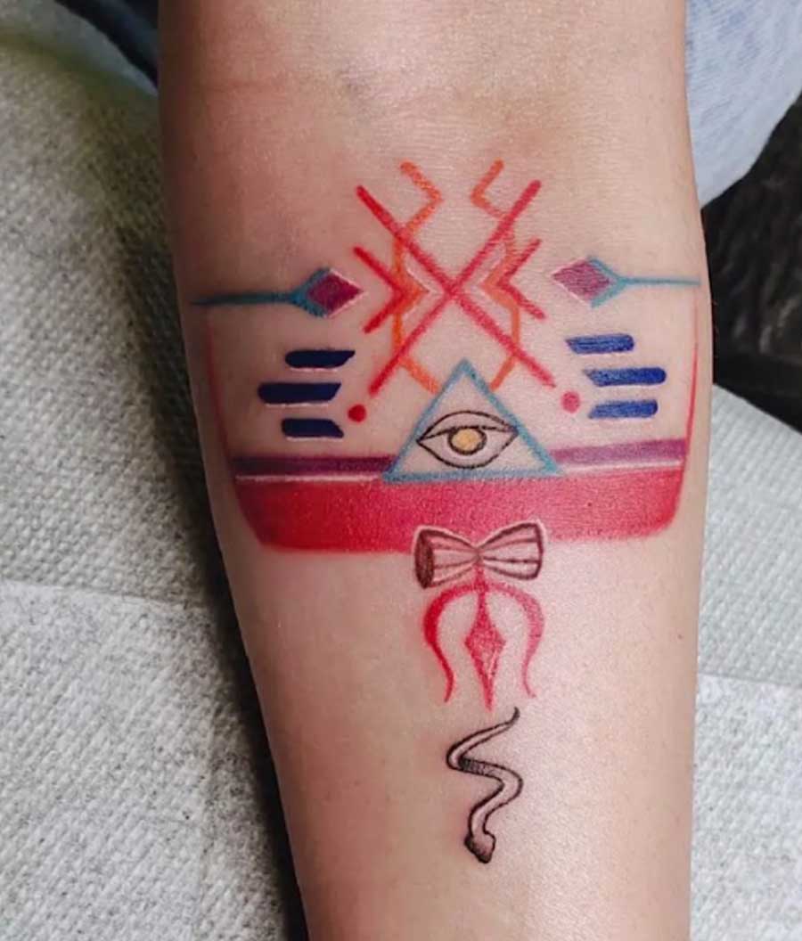 Rimjhim Mitra: Inked in reds and blues, Rimjhim Mitra’s tattoo is an interesting piece of body art. Invoking images of Shiva, with geometric designs, a ‘trishul’ and snake, it is a great example of custom pieces that have profound personal meaning.
