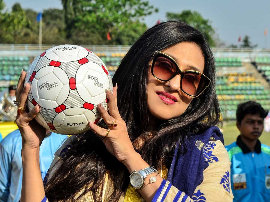 Actor Rituparna Sengupta at a football tournament on Monday at Rabindra Sarobar Stadium