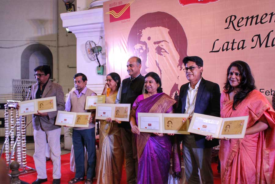 The postal department launches a special cover titled “Remembering Lata Mangeshkar” as a tribute to the iconic singer at the General Post Office (GPO) in the BBD Bag area in central Kolkata on Monday 