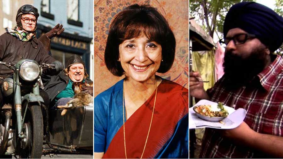 (L-R) Clarissa Dickson Wright and Jennifer Paterson in 'Two Fat Ladies', Madhur Jaffrey in 'Flavours of India' and Gurpal Singh in 'Khata Rahe Mera Dil'