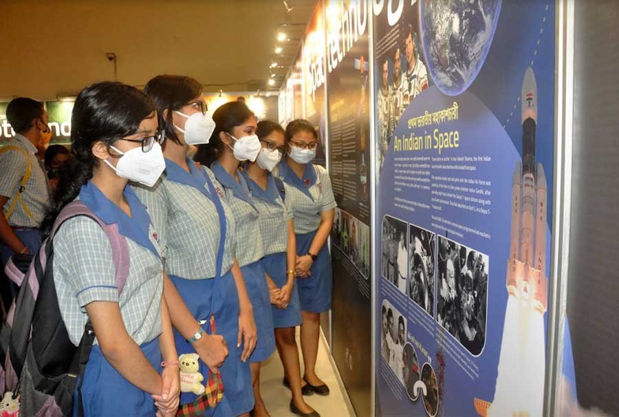 Students at an exhibition showcasing independent India’s achievements in science and technology at Birla Industrial & Technological Museum on Wednesday. The exhibition will continue till March 22 daily, from 9.30am to 6pm