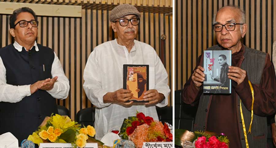 Author Shirshendu Mukhopadhyay launches a book ‘Acchhe Dukkho, Acchhe Mrityu...’ by Alapan Bandopadhyay (left) at Nandan in Kolkata on Thursday and (right) art, theatre and film critic Shamik Bandopadhyay launches  Gayatri Chakraborty Spivak’s book ‘Opor’ on her 80th birthday at the same function. 