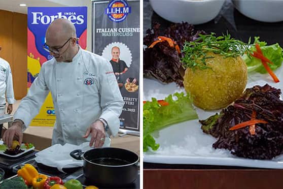 Chef Oliveri cooks (right) Arancini, an Italian deep-fried rice ball stuffed with vegetables and mozzarella and coated with breadcrumbs.