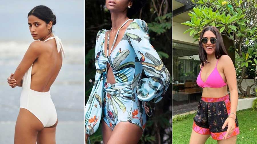 (L to R) A sustainable tie-up monokini by Verandah, an aquamarine luxury swimsuit by A La Mode by Akansha and Mrunal Thakur in Guapa’s reversible crossback bikini