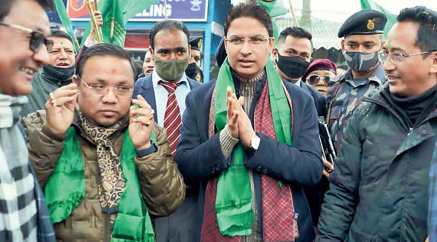 MP Raju Bista and GNLF leaders in Darjeeling on Friday.