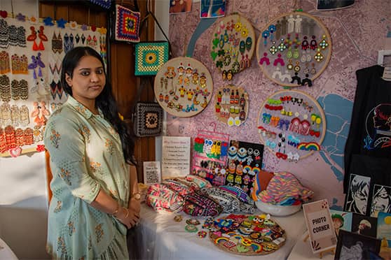 Kasturika Ghosh at her stall Abeo India, which supports local artisans and promotes vegan products. She completed her diploma in Fashion Designing from Inter National Institute of Fashion Designing in 2021.  Find her on Instagram: @abeoindia_official