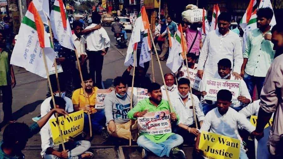 Chhatra Parishad members sit on a dharna on Saturday