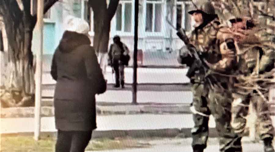 Footage shows the Ukrainian woman confronting  the Russian soldier.